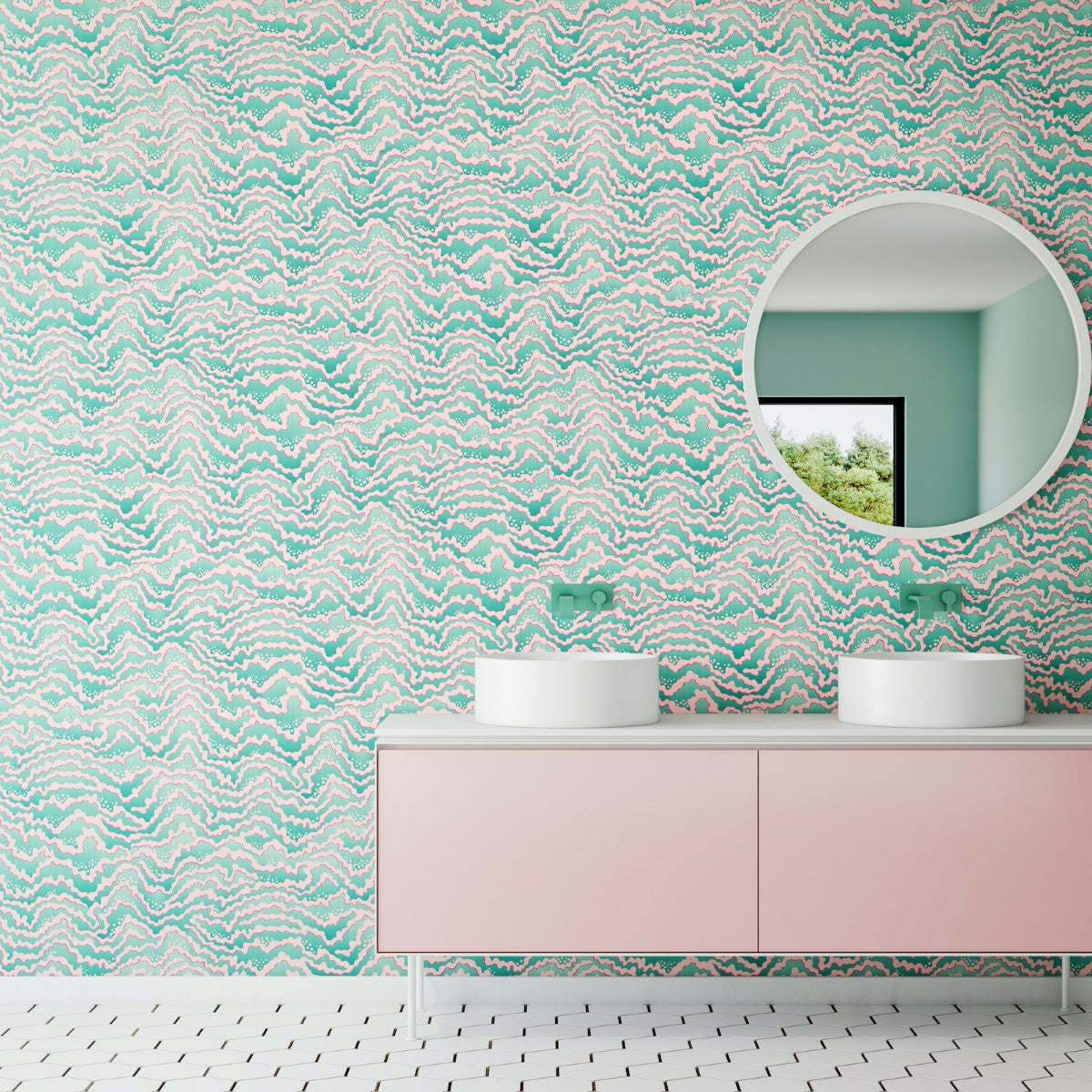 IKA50118W Contour Bubblegum & Mint Wallpaper by Ohpopsi