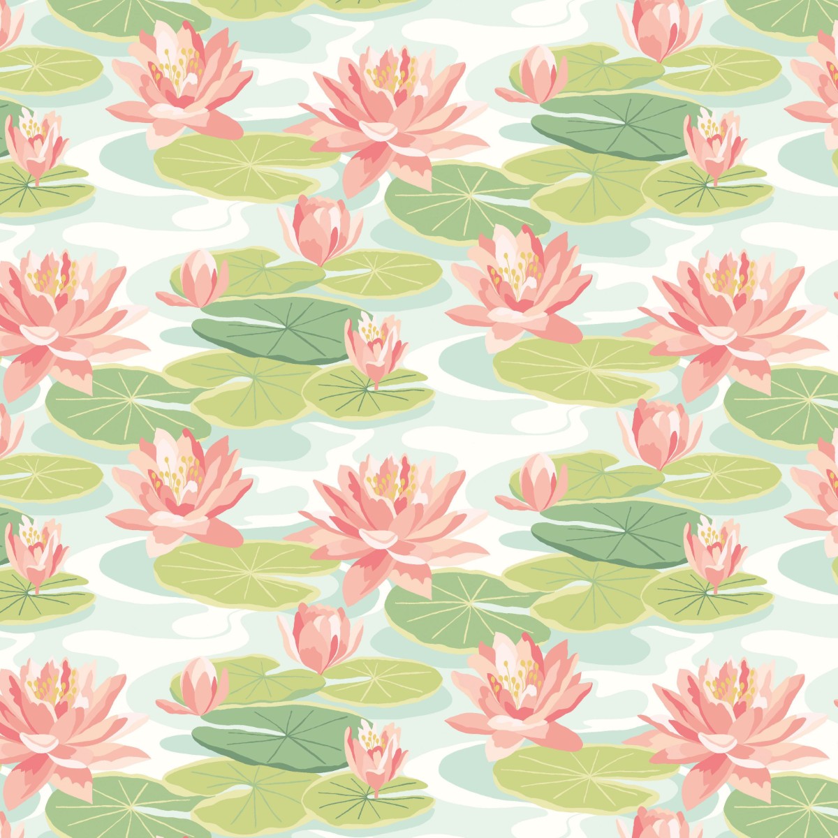 IKA50102W Waterlily Duck Egg & Coral Wallpaper by Ohpopsi