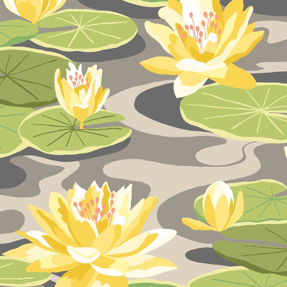 IKA50105W Waterlily Charcoal & Mustard Wallpaper by Ohpopsi