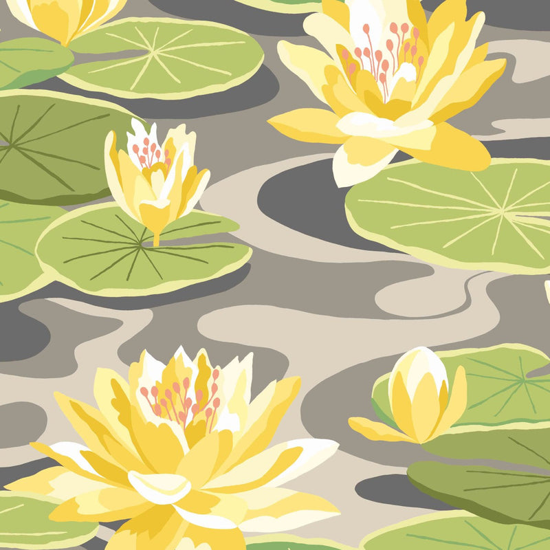 IKA50105W Waterlily Charcoal & Mustard Wallpaper by Ohpopsi