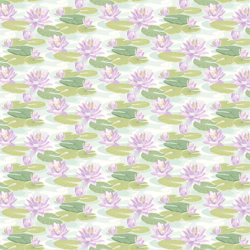 IKA50107W Waterlily Powder Blue & Lilac Wallpaper by Ohpopsi