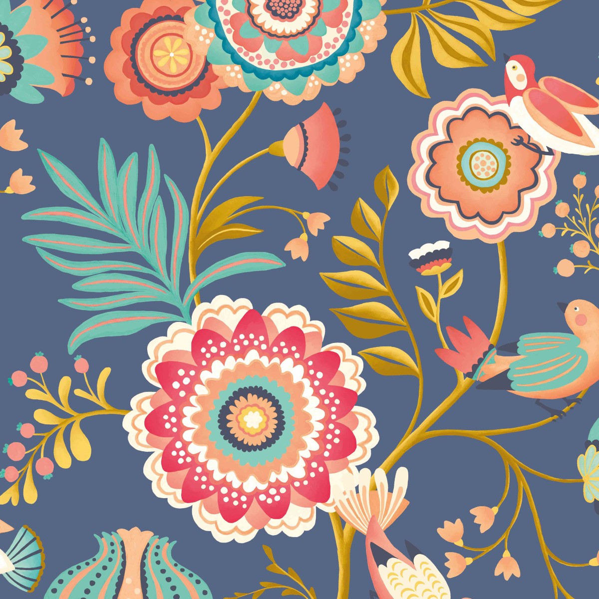 IKA50111W Ichika Trail Royal Blue & Gold Wallpaper by Ohpopsi