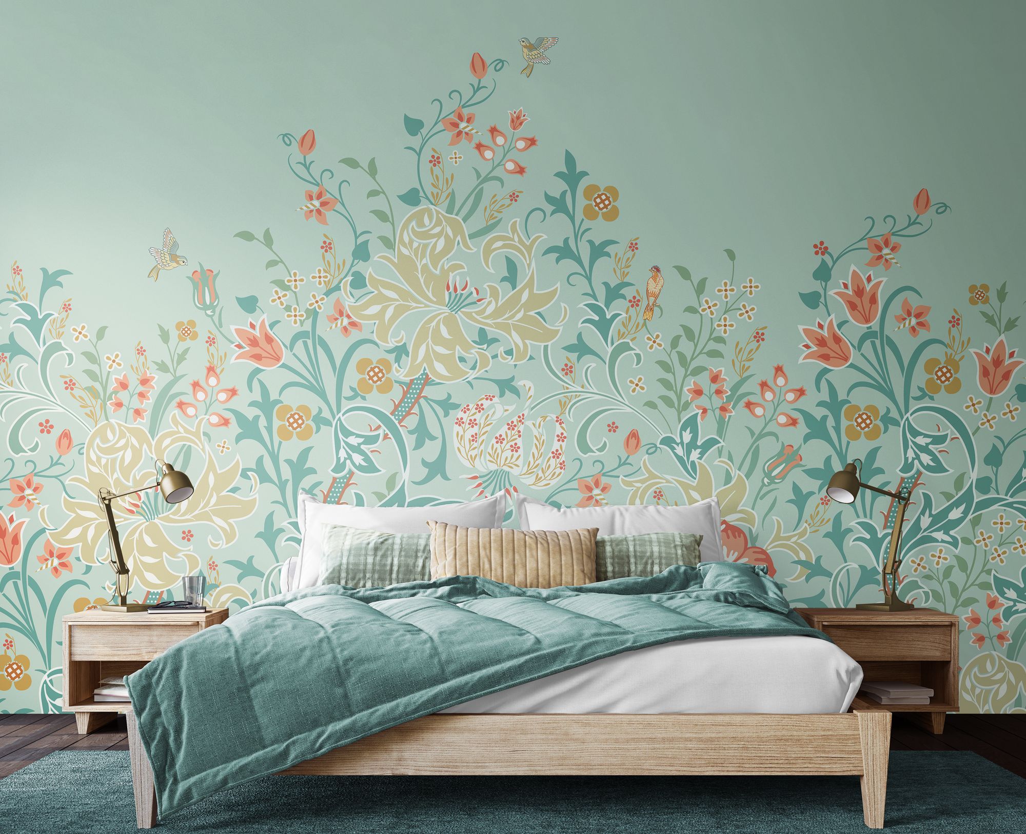 MUR375M Trailing Lily Duck Egg Blue Mural Medium by Origin Murals