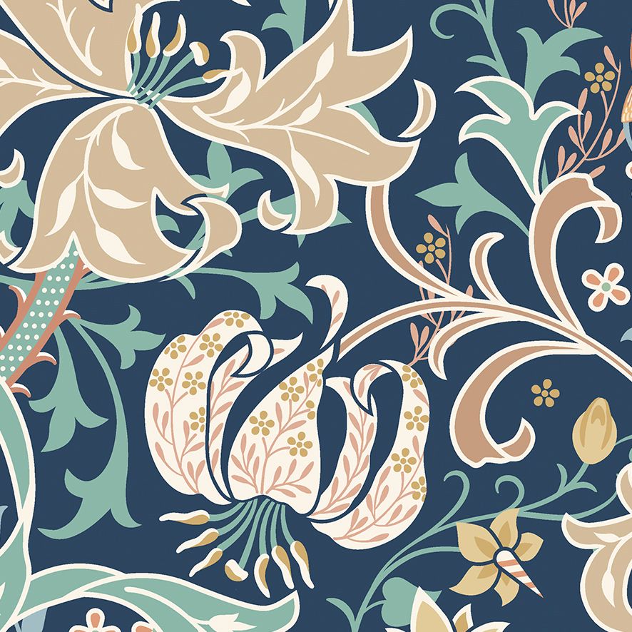 MUR376M Trailing Lily Navy Blue Mural Medium by Origin Murals