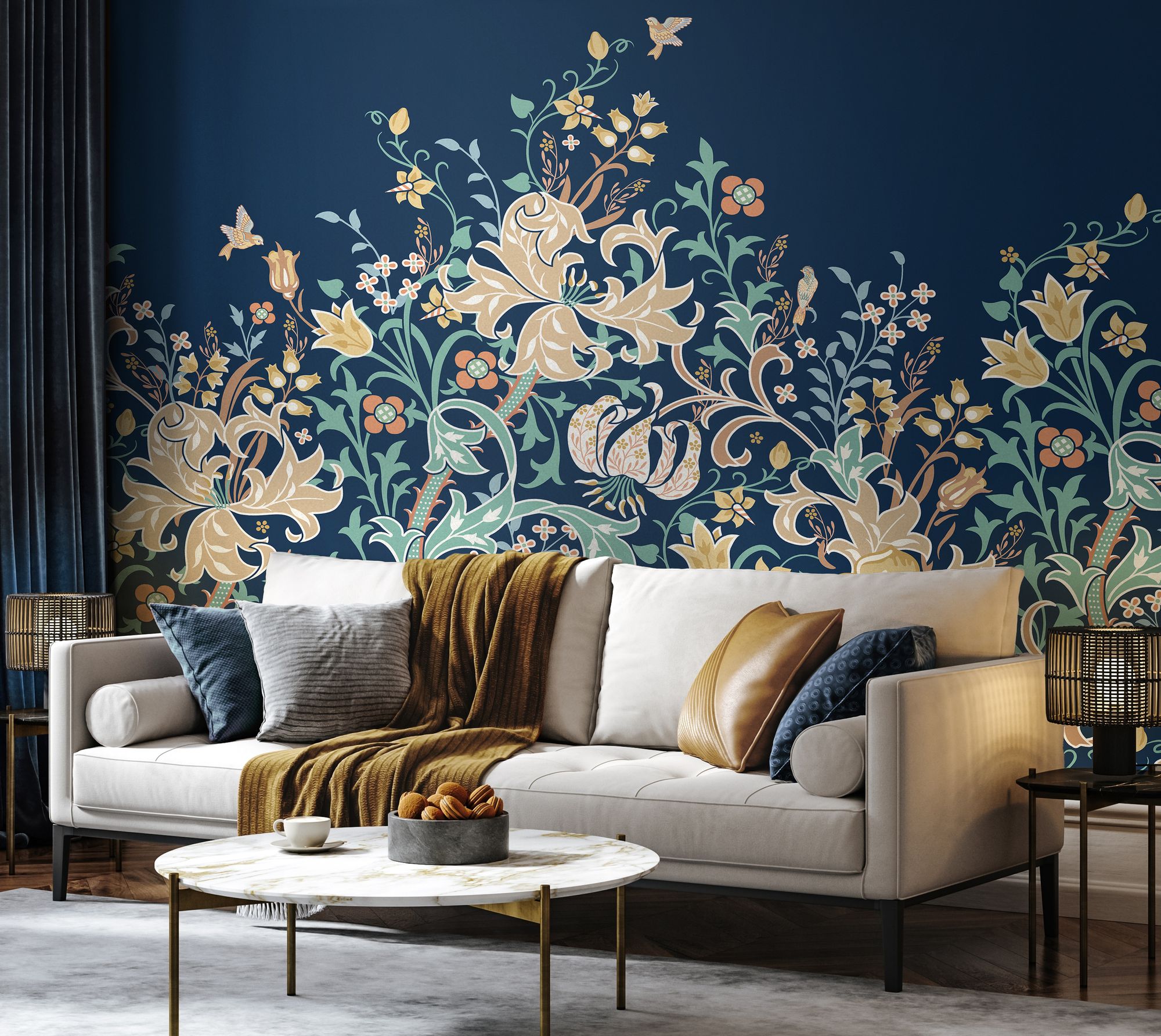 MUR376M Trailing Lily Navy Blue Mural Medium by Origin Murals