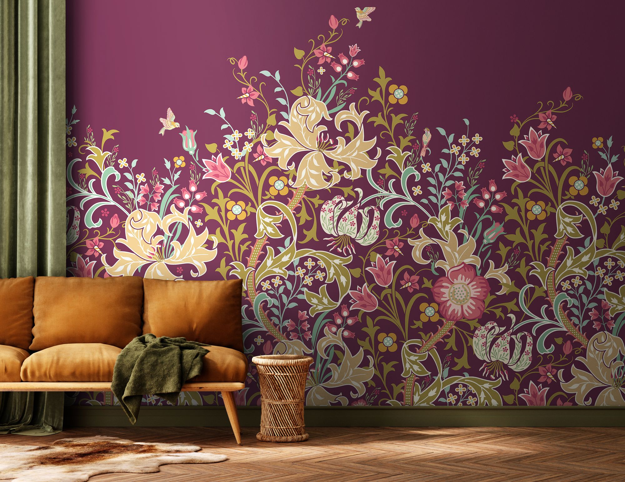 MUR377M Trailing Lily Aubergine Mural Medium by Origin Murals