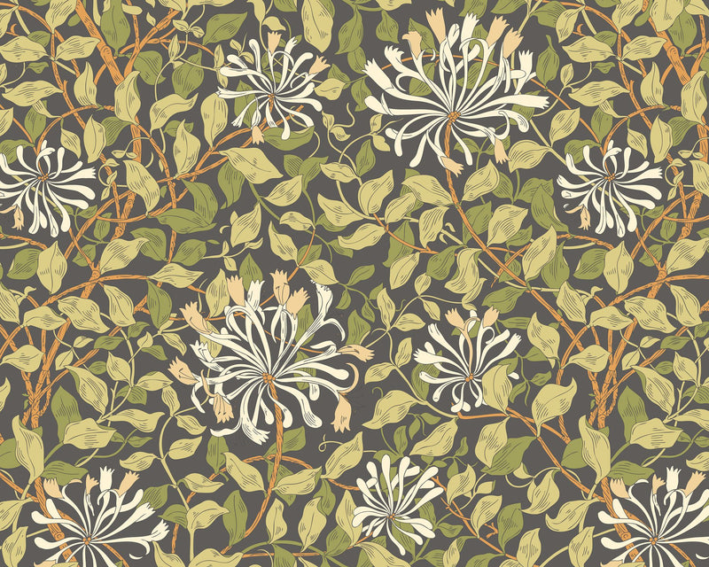 MUR384L Honeysuckle Black And Olive Green Mural Large by Origin Murals