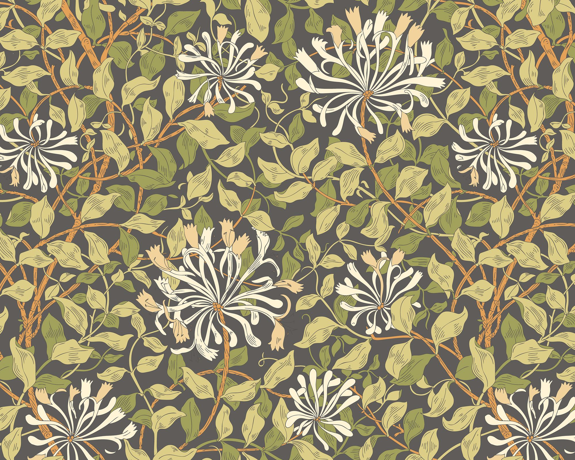 MUR384M Honeysuckle Black And Olive Green Mural Medium by Origin Murals