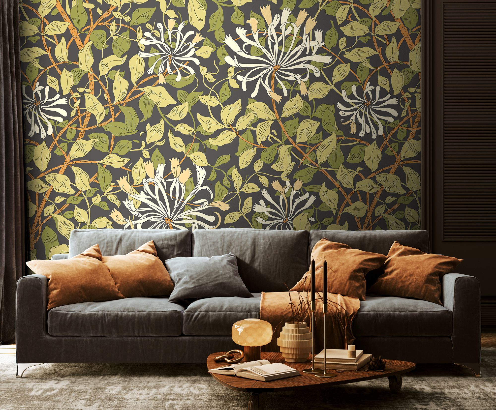 MUR384M Honeysuckle Black And Olive Green Mural Medium by Origin Murals