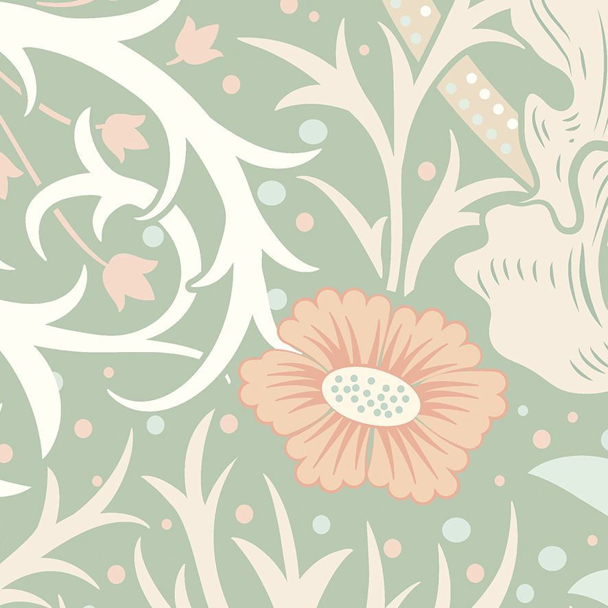 MUR385M Trailing Seaweed Garden Sage And Apricot Mural Medium by Origin Murals