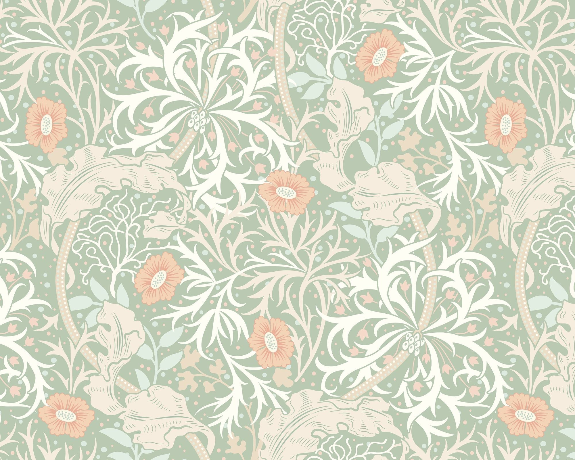 MUR385M Trailing Seaweed Garden Sage And Apricot Mural Medium by Origin Murals
