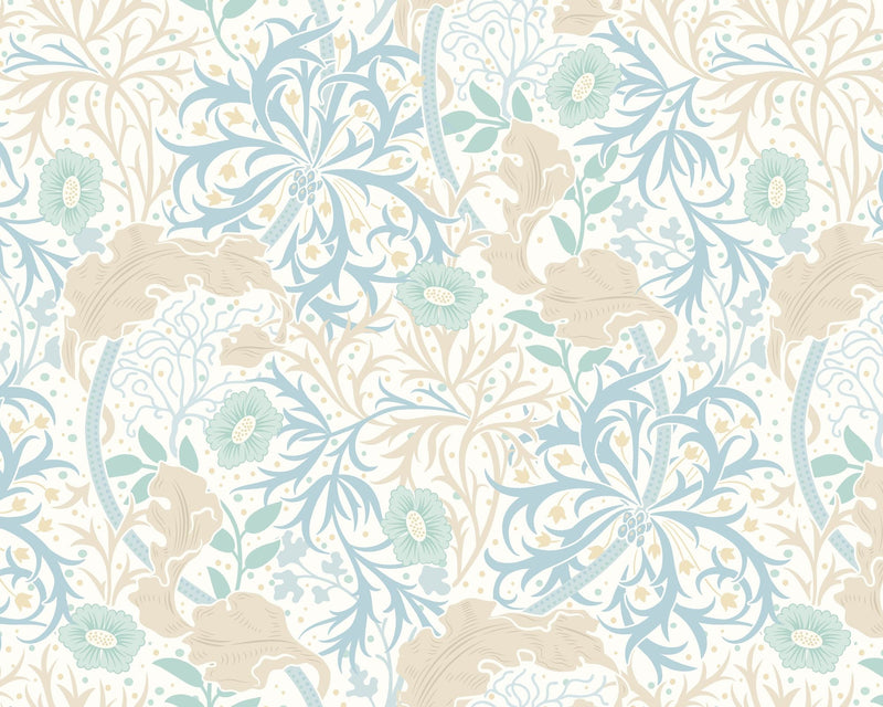 MUR387M Trailing Seaweed Garden Blue And Linen Mural Medium by Origin Murals