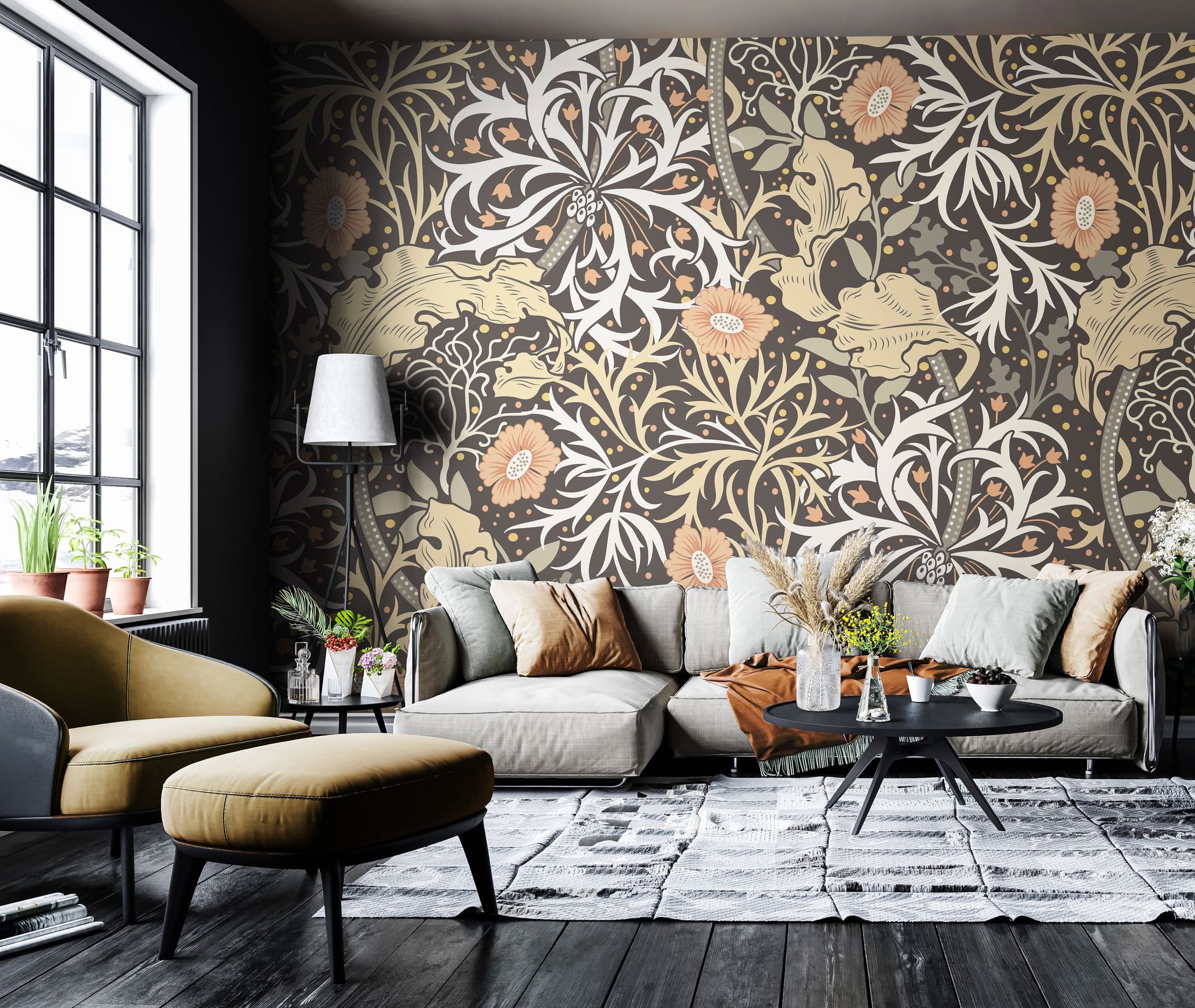 MUR389M Trailing Seaweed Garden Charcoal Mural Medium by Origin Murals