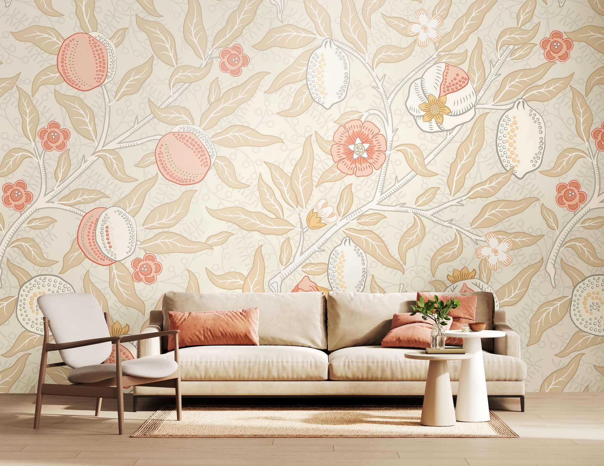 MUR390M Fruit And Foliage Soft Linen Mural Medium by Origin Murals