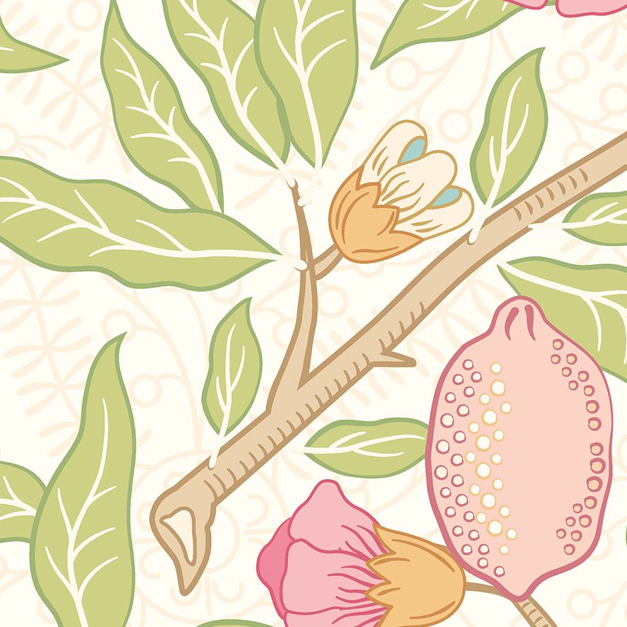 MUR391L Fruit And Foliage Rose And Apple Green Mural Large by Origin Murals