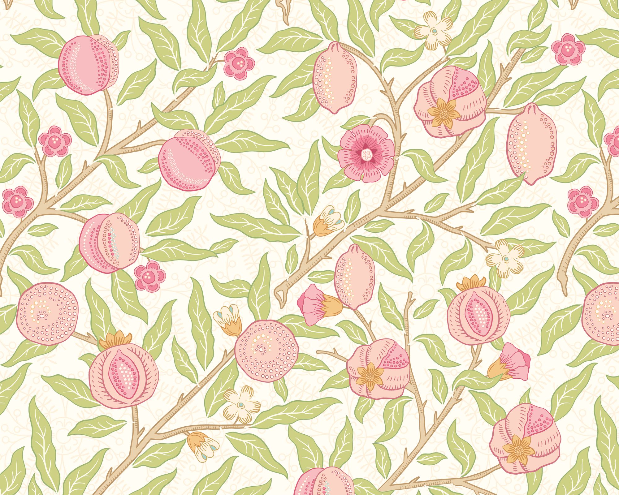 MUR391M Fruit And Foliage Rose And Apple Green Mural Medium by Origin Murals