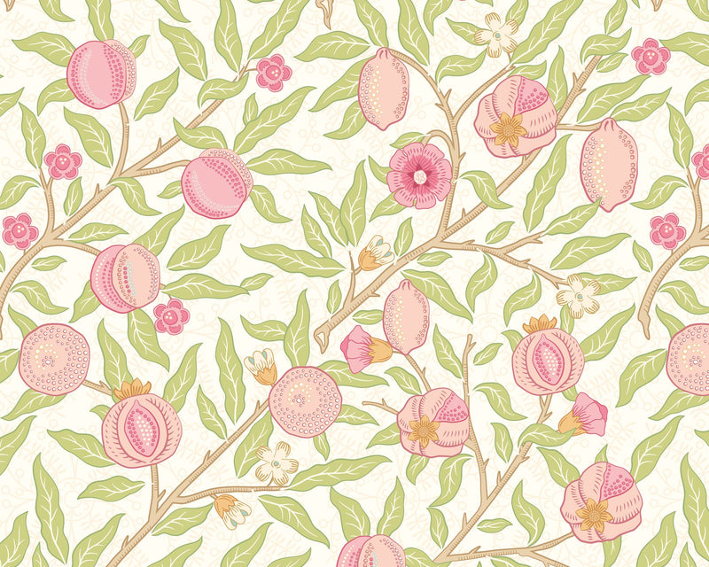 MUR391M Fruit And Foliage Rose And Apple Green Mural Medium by Origin Murals