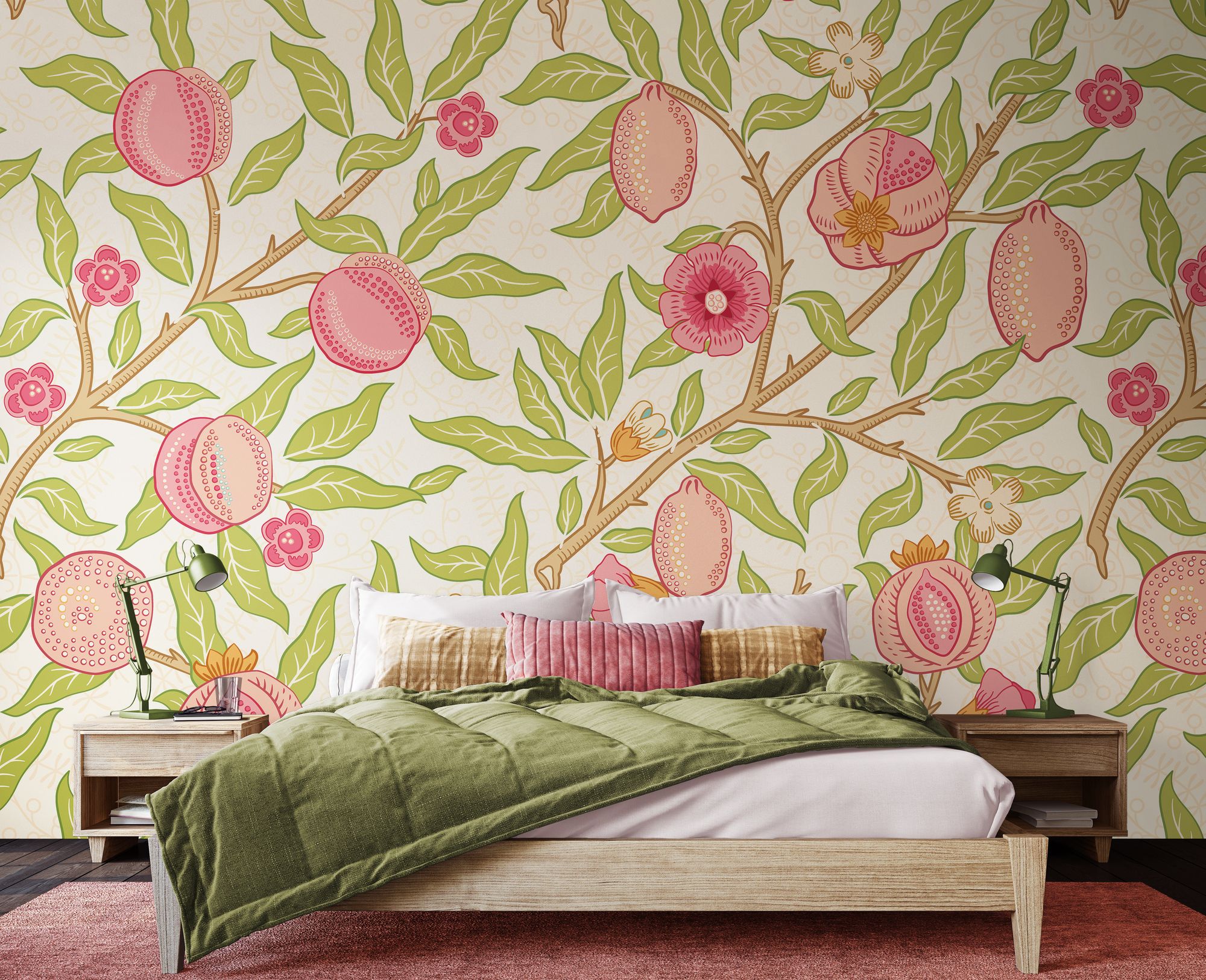MUR391L Fruit And Foliage Rose And Apple Green Mural Large by Origin Murals