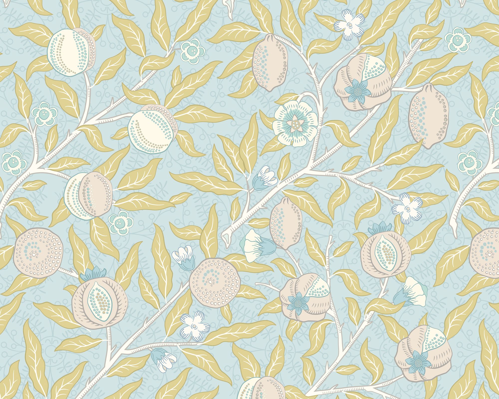 MUR392M Fruit And Foliage Wedgewood Blue Mural Medium by Origin Murals