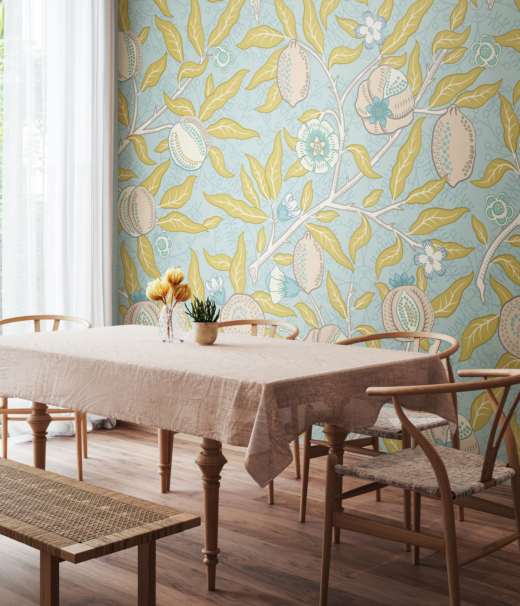 MUR392L Fruit And Foliage Wedgewood Blue Mural Large by Origin Murals