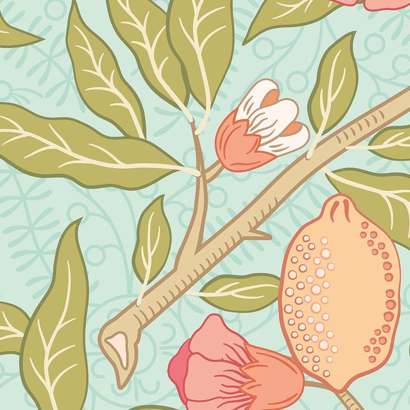 MUR393L Fruit And Foliage Aqua And Apricot Mural Large by Origin Murals