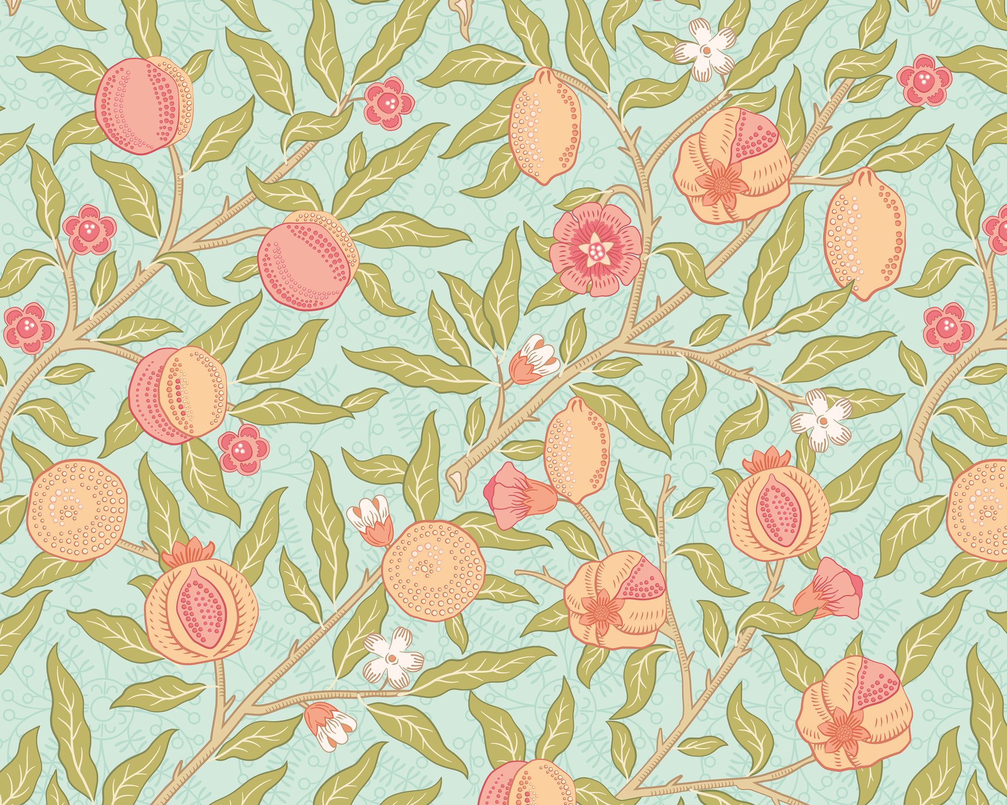 MUR393M Fruit And Foliage Aqua And Apricot Mural Medium by Origin Murals
