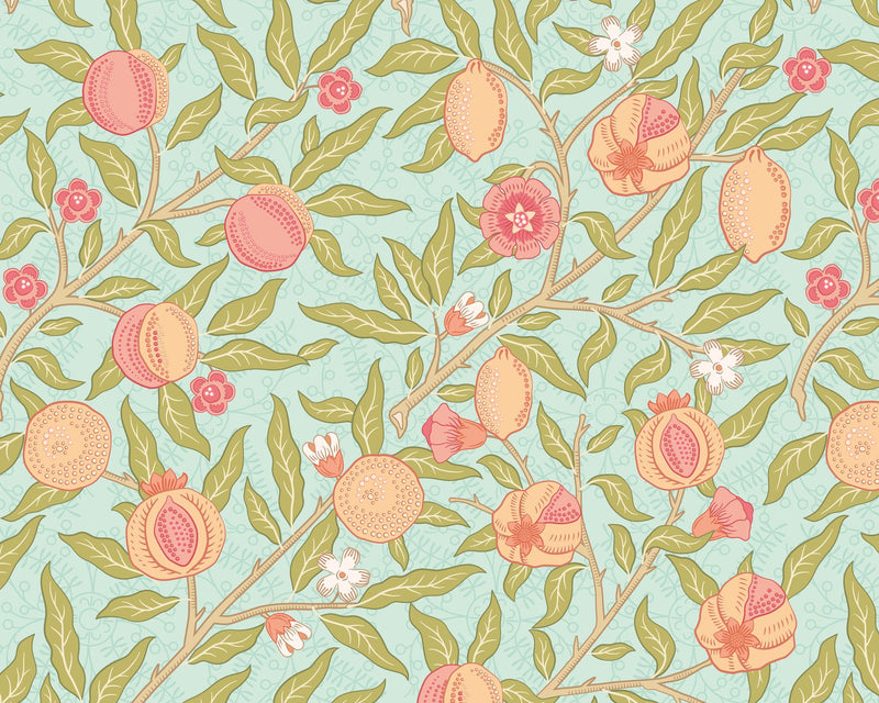 MUR393M Fruit And Foliage Aqua And Apricot Mural Medium by Origin Murals