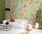 MUR393L Fruit And Foliage Aqua And Apricot Mural Large by Origin Murals