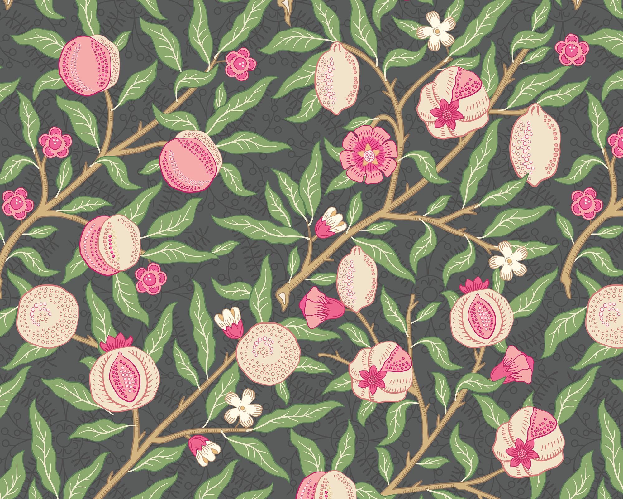 MUR394L Fruit And Foliage Black And Rose Pink Mural Large by Origin Murals