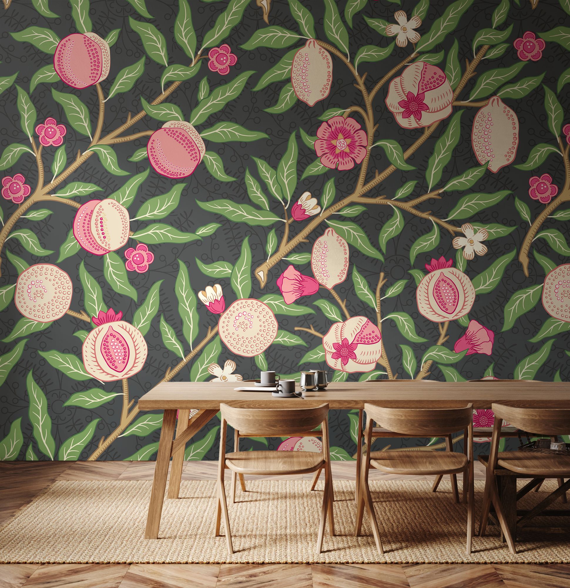 MUR394M Fruit And Foliage Black And Rose Pink Mural Medium by Origin Murals