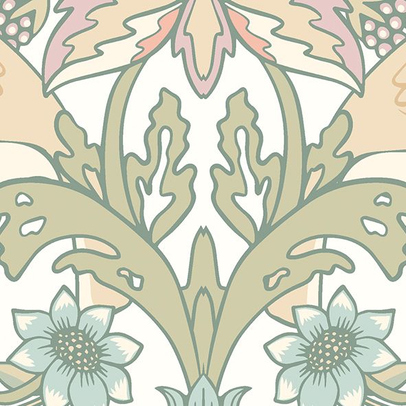 MUR395L Birds, Fruit And Foliage Sage And Apricot Mural Large by Origin Murals