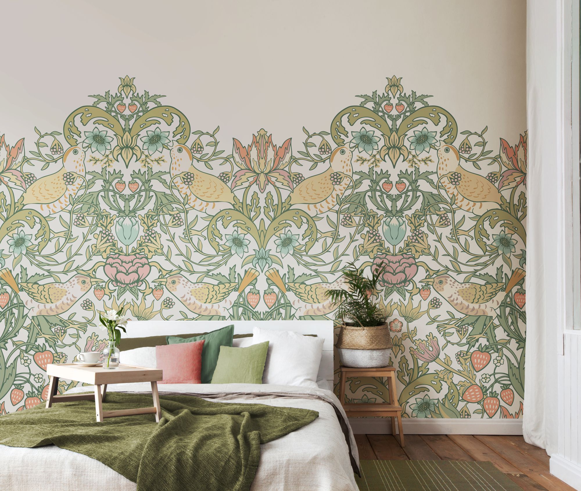 MUR395L Birds, Fruit And Foliage Sage And Apricot Mural Large by Origin Murals
