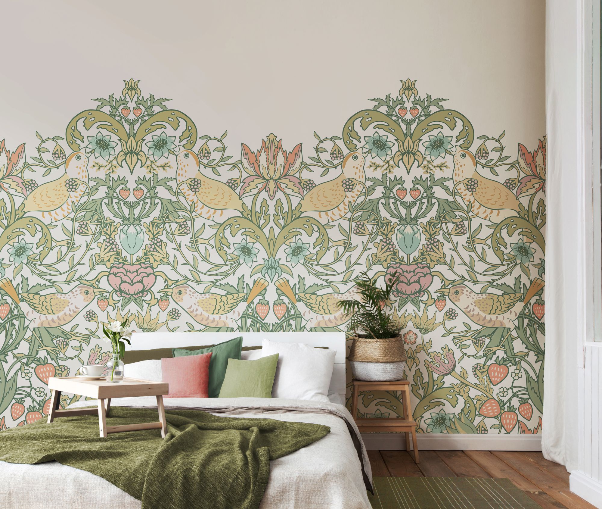 MUR395M Birds, Fruit And Foliage Sage And Apricot Mural Medium by Origin Murals