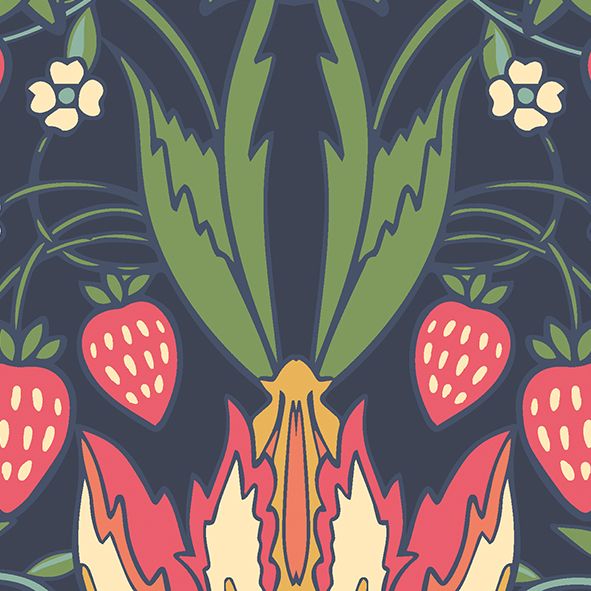 MUR397L Birds, Fruit And Foliage Navy And Coral Mural Large by Origin Murals