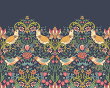 MUR397L Birds, Fruit And Foliage Navy And Coral Mural Large by Origin Murals