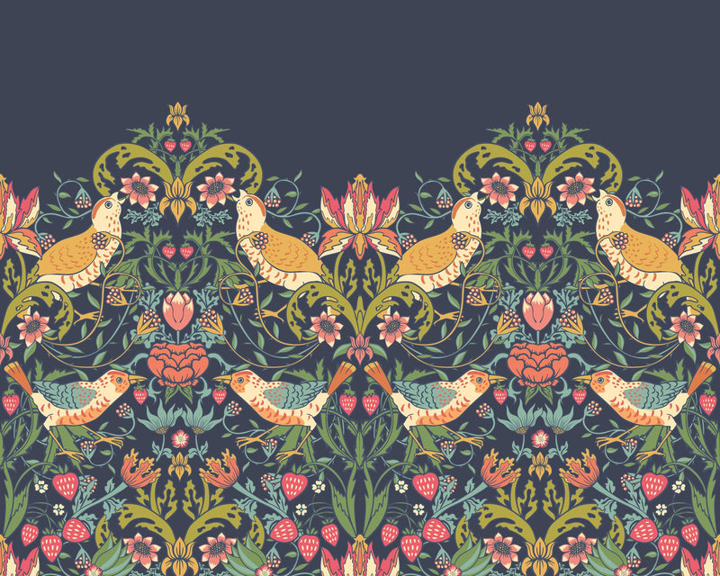 MUR397L Birds, Fruit And Foliage Navy And Coral Mural Large by Origin Murals