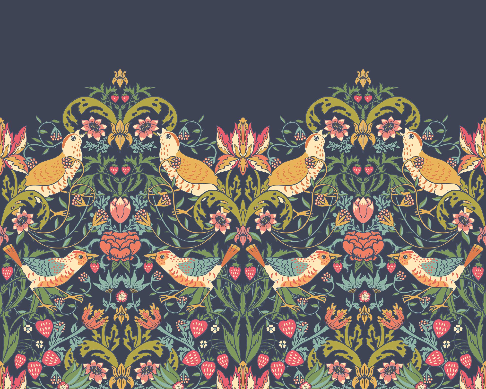MUR397M Birds, Fruit And Foliage Navy And Coral Mural Medium by Origin Murals