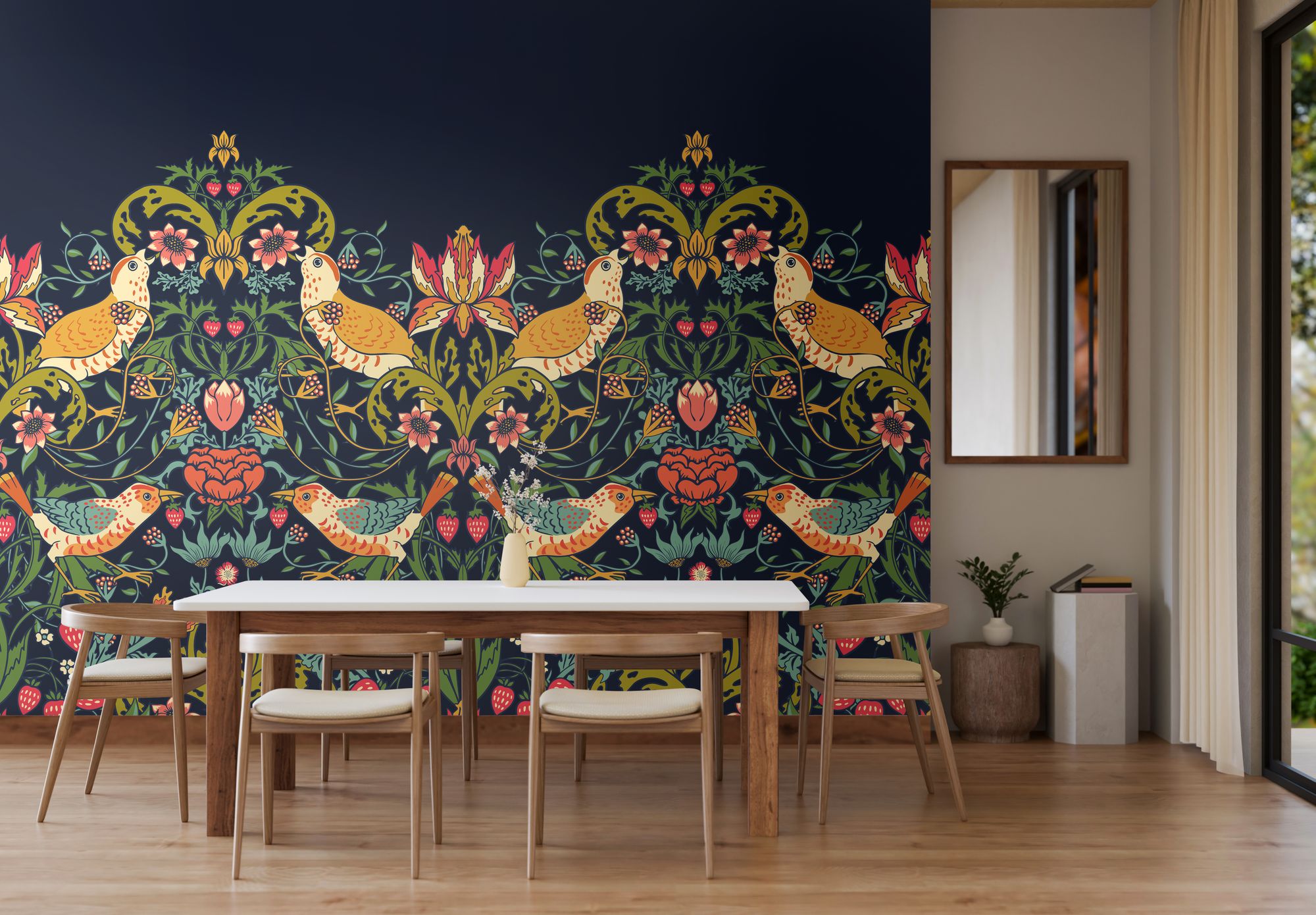MUR397M Birds, Fruit And Foliage Navy And Coral Mural Medium by Origin Murals