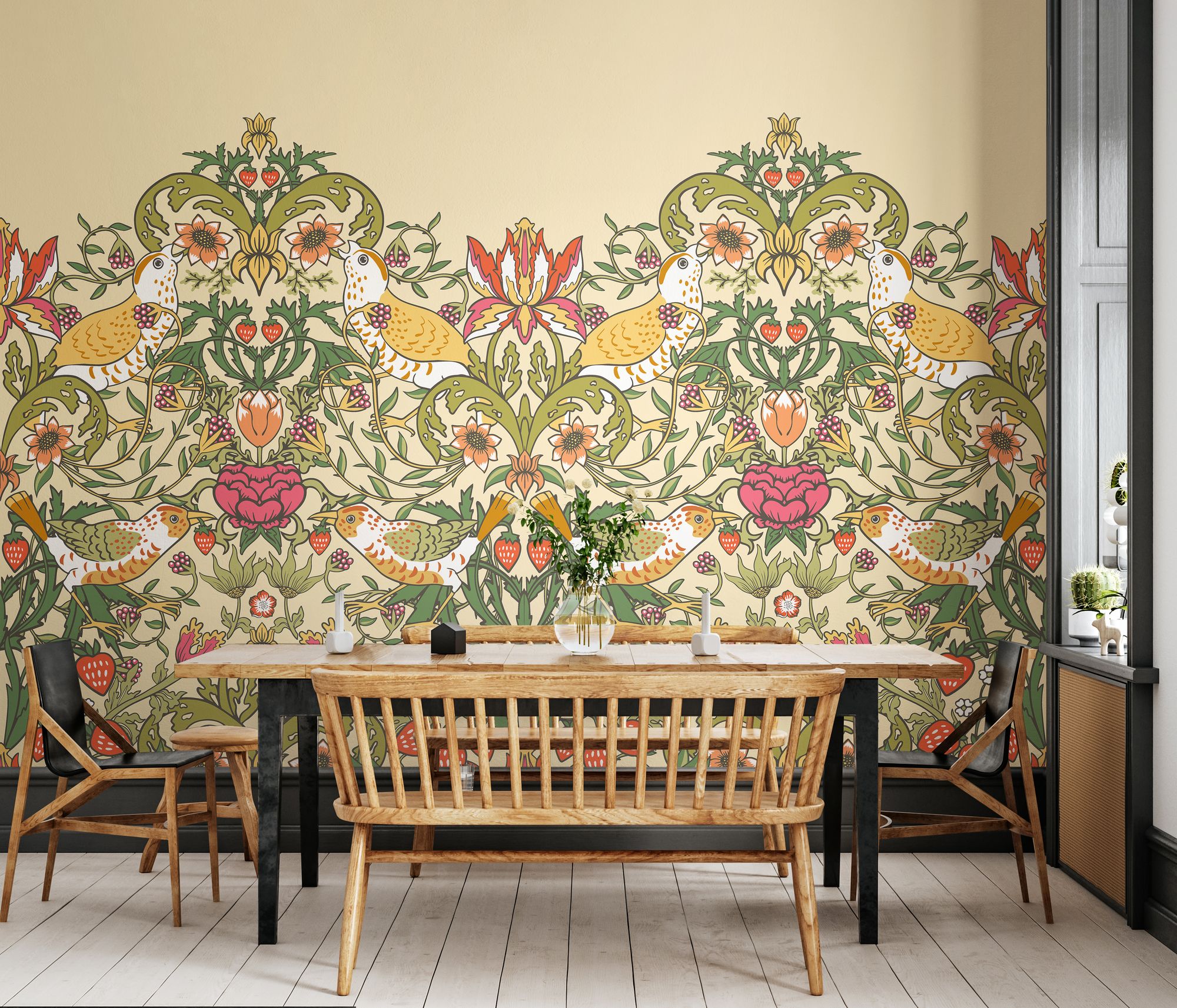 MUR398L Birds, Fruit And Foliage Gold And Olive Mural Large by Origin Murals