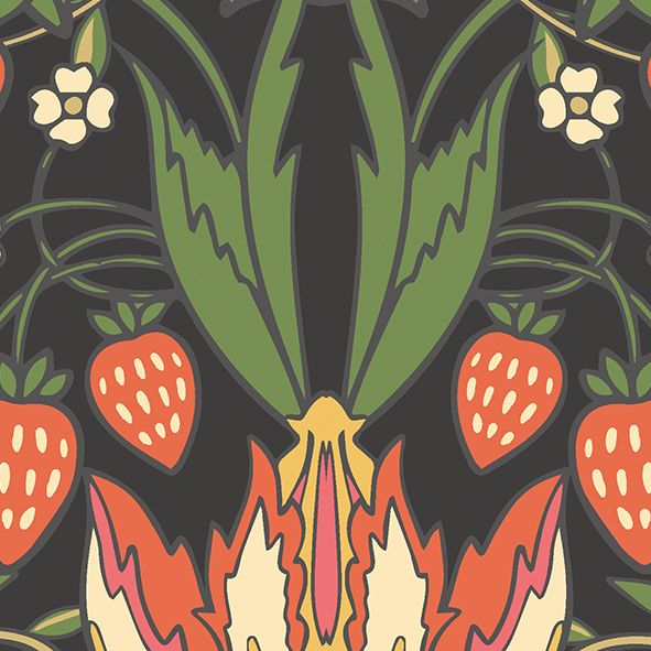 MUR399M Birds, Fruit And Foliage Black And Olive Mural Medium by Origin Murals
