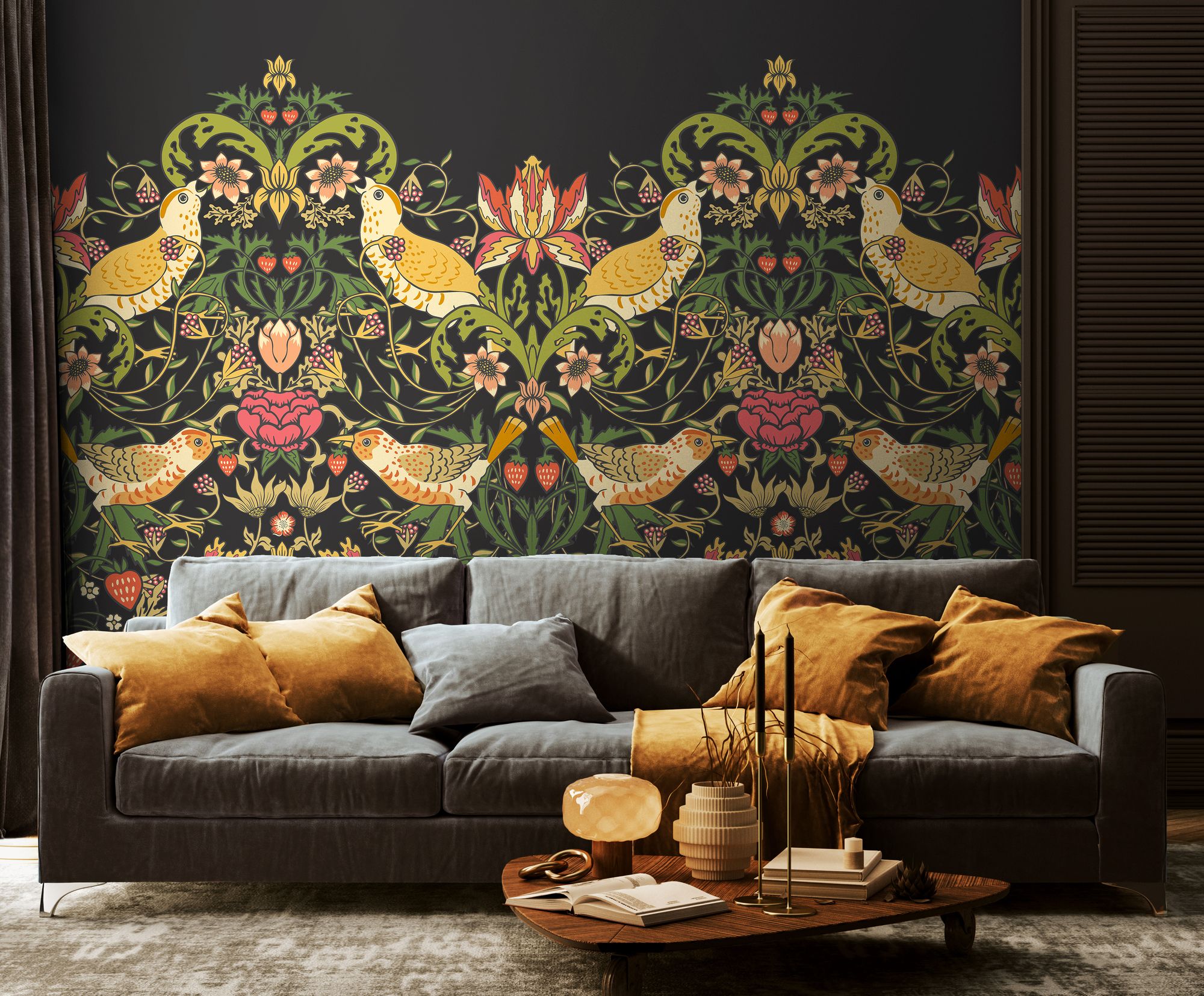 MUR399M Birds, Fruit And Foliage Black And Olive Mural Medium by Origin Murals
