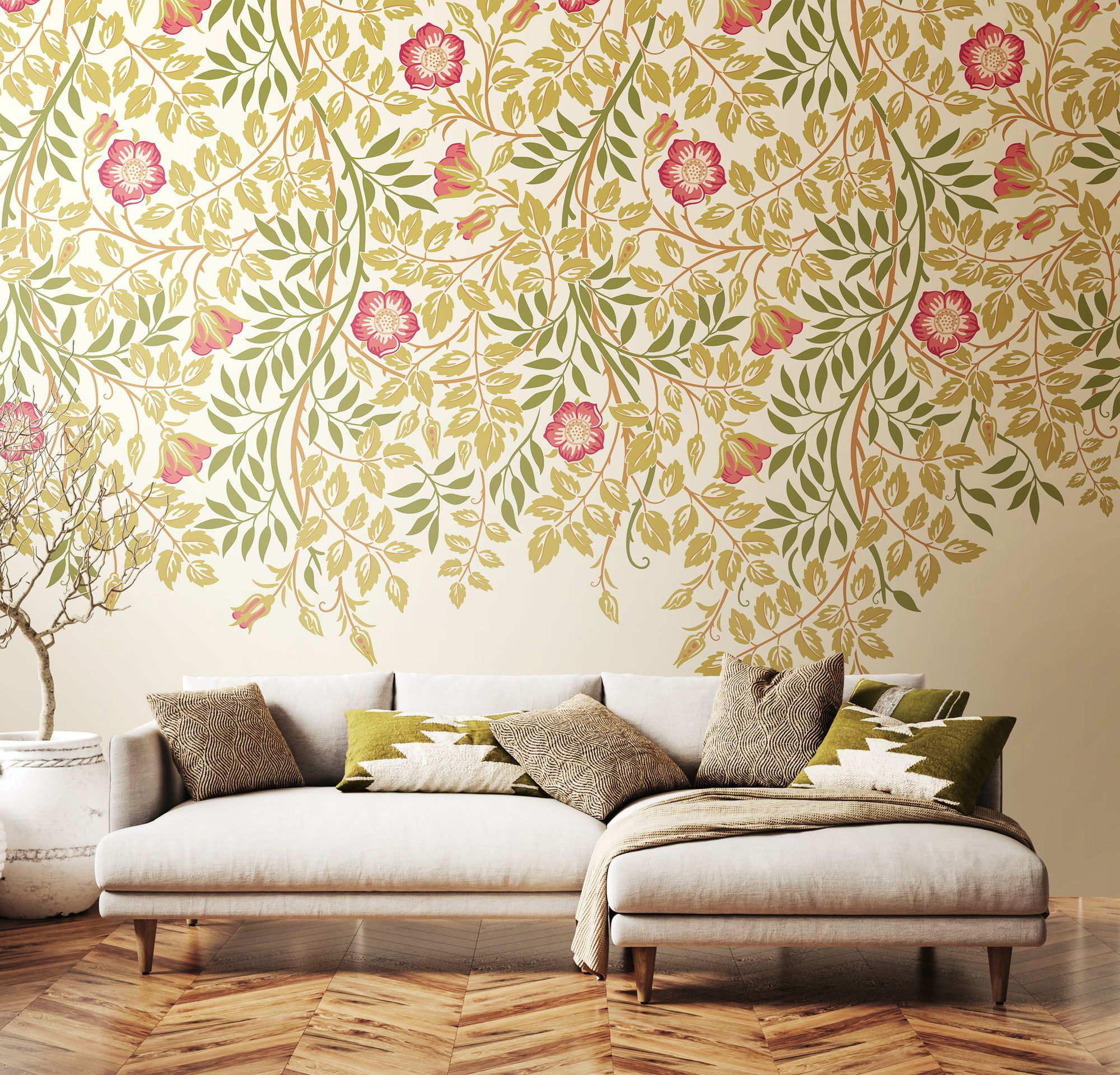 MUR400L Cascading Rosehip Rose Pink Mural Large by Origin Murals