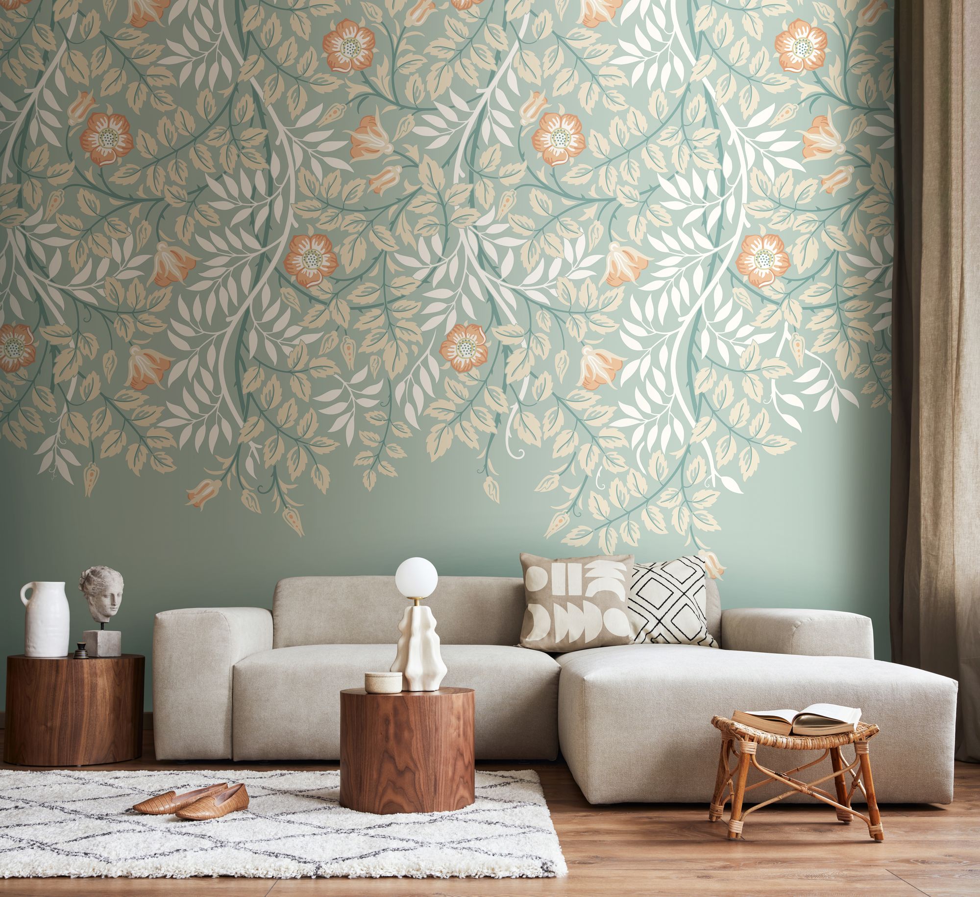 MUR403M Cascading Rosehip Seafoam And Apricot Mural Medium by Origin Murals