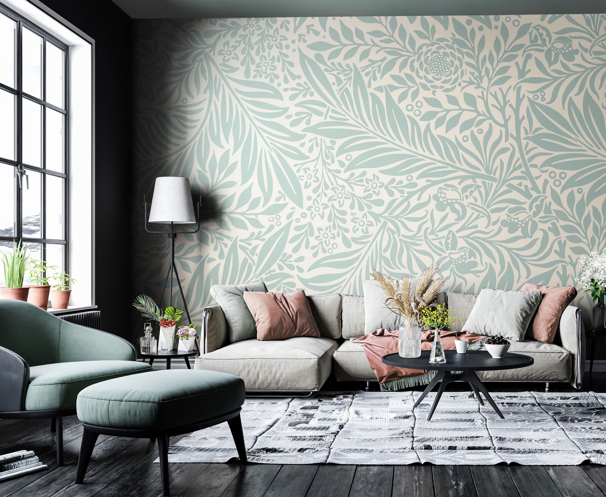 MUR408M Trailing Ferns Duck Egg Mural Medium by Origin Murals