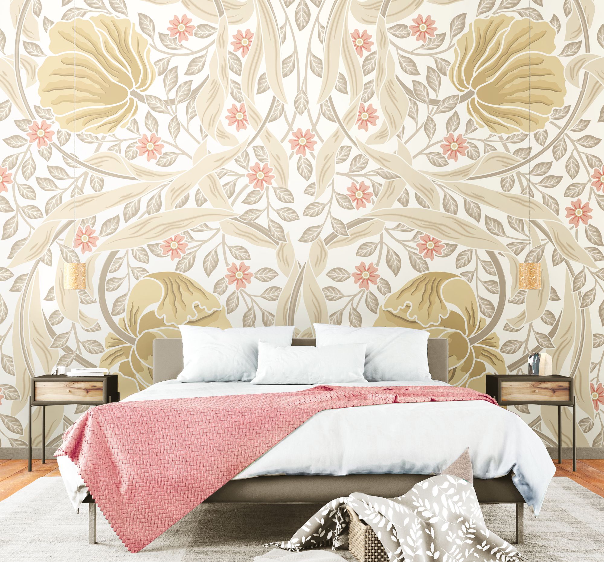 MUR410M Flower Circle Linen And Blush Mural Medium by Origin Murals