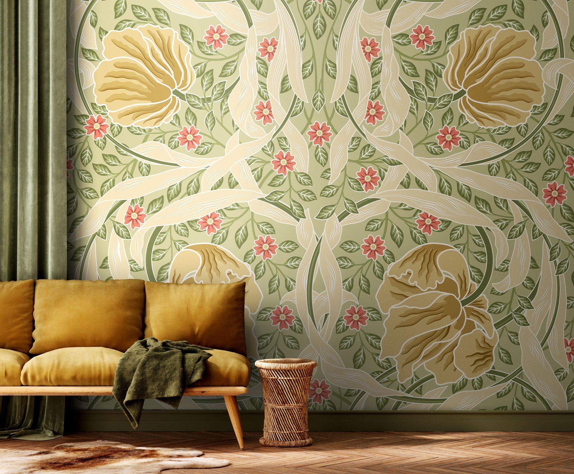 MUR411M Flower Circle Olive And Coral Mural Medium by Origin Murals