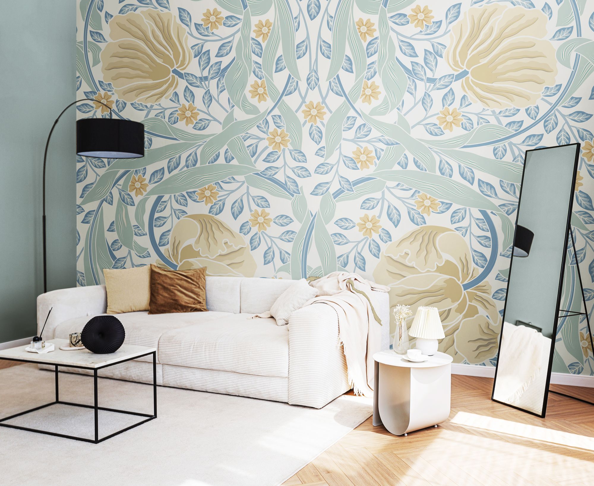MUR412M Flower Circle Soft Blue Mural Medium by Origin Murals