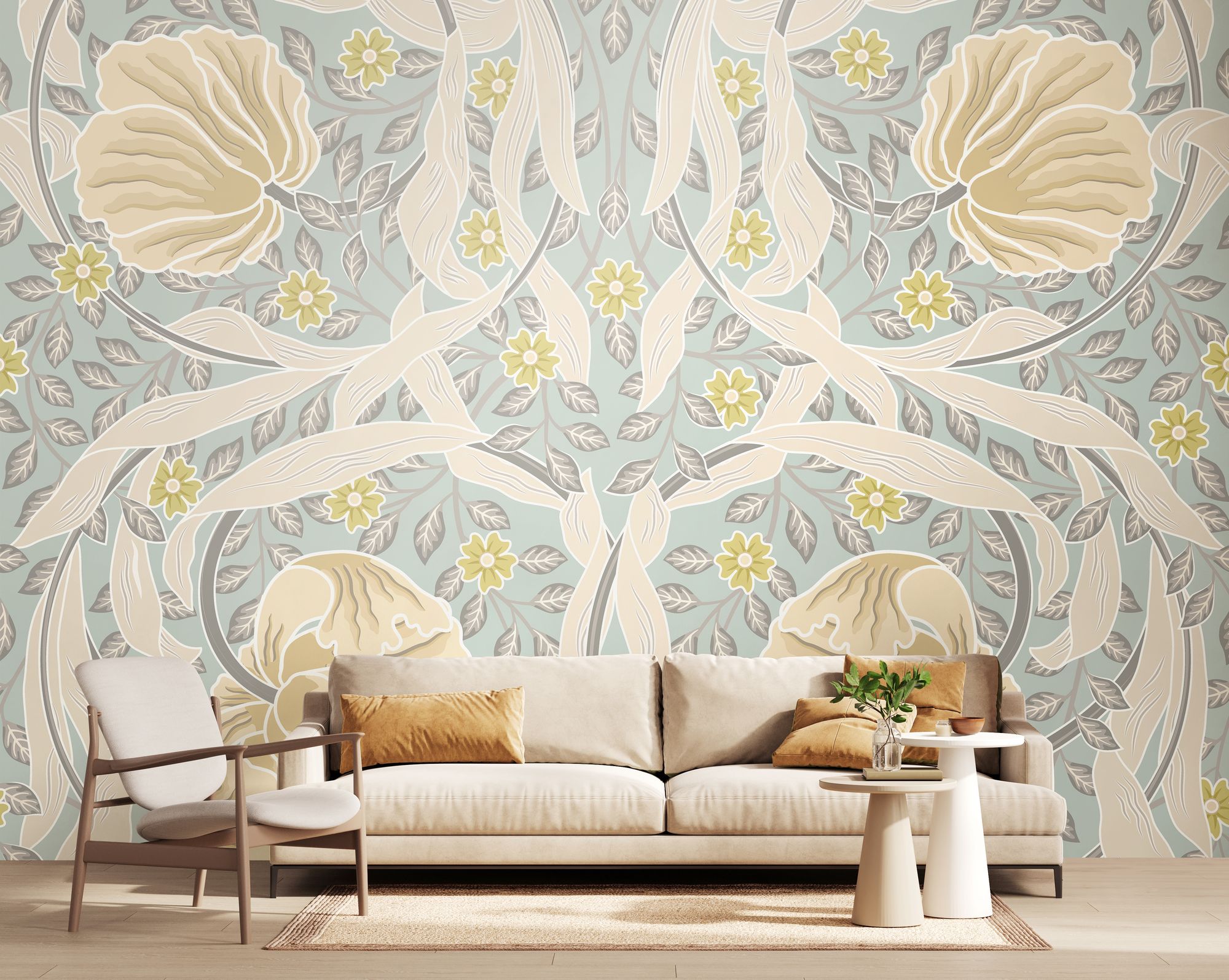 MUR413M Flower Circle Duck Egg And Linen Mural Medium by Origin Murals