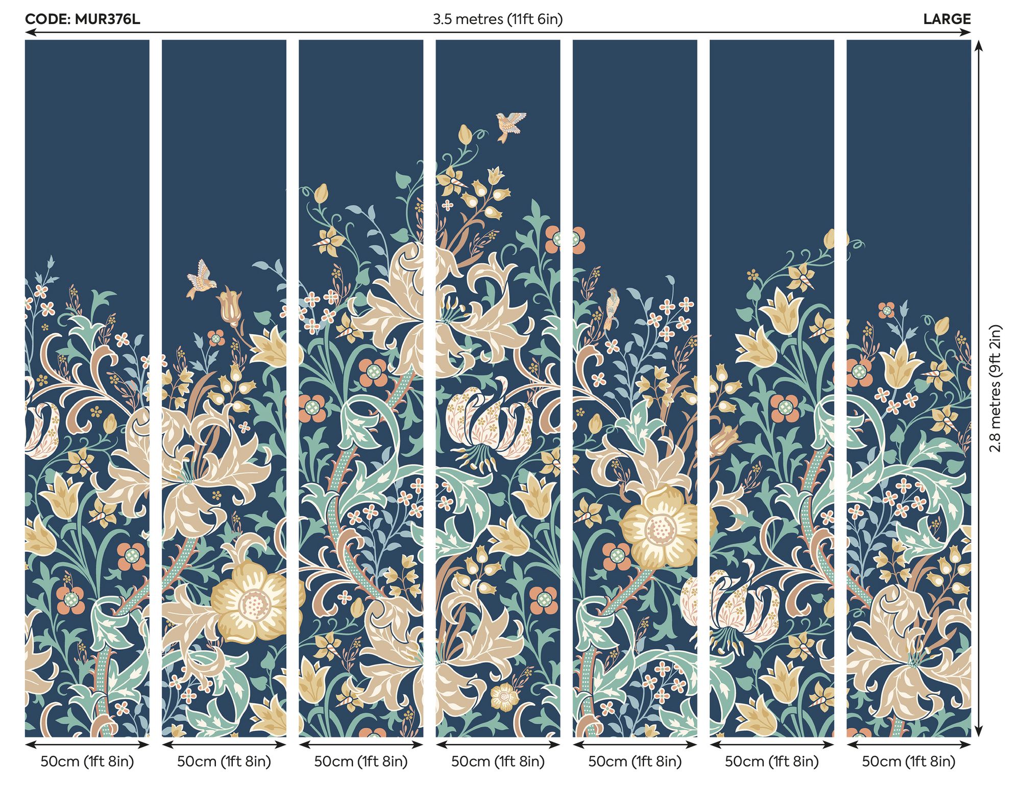 MUR376L Trailing Lily Navy Blue Mural Large by Origin Murals