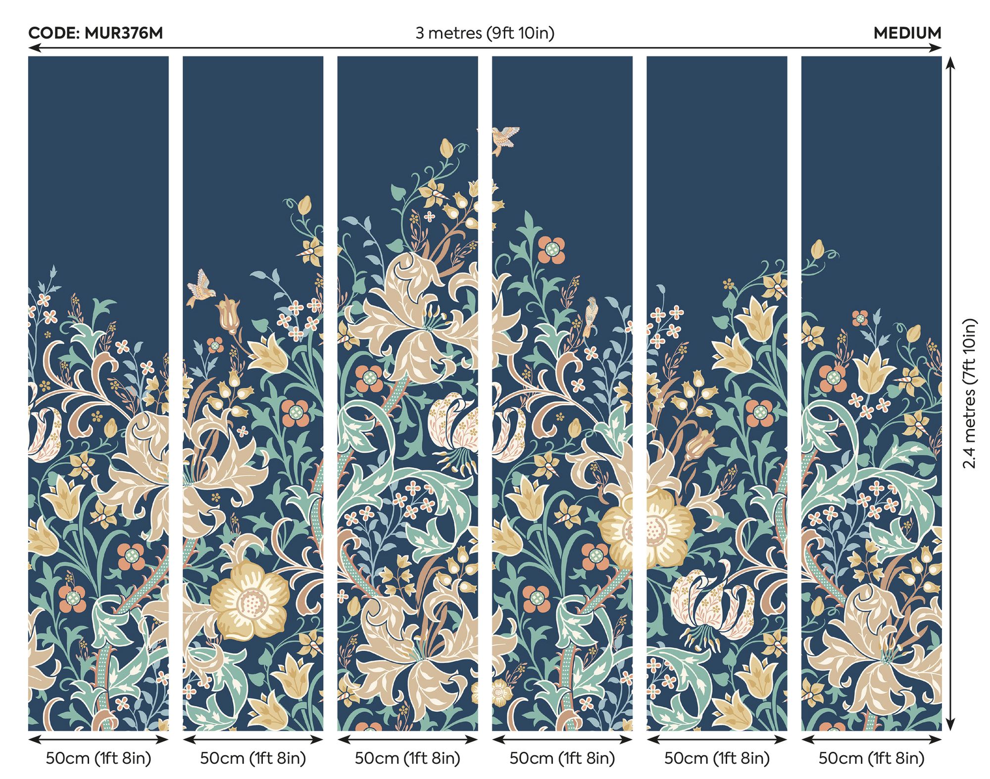 MUR376M Trailing Lily Navy Blue Mural Medium by Origin Murals